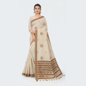 Khadi linen saree with embroidery in moti colour and copper gold rich border